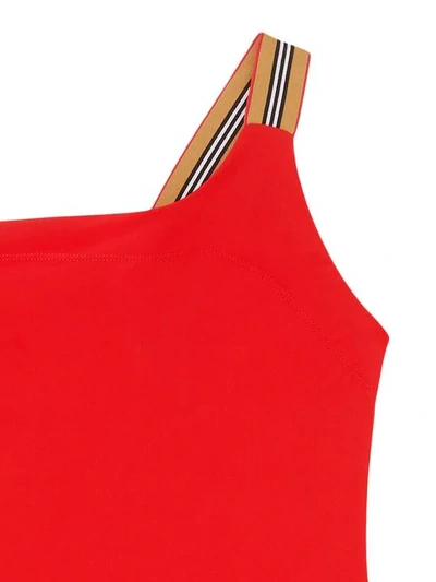 Shop Burberry Icon Stripe Detail Swimsuit In Red