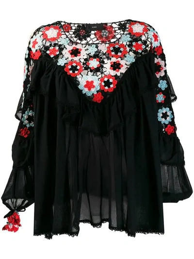 Shop Alanui Floral Crochet Panel Blouse In Black