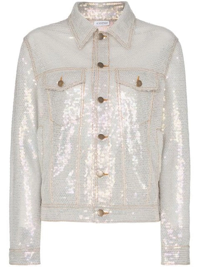 Shop Ashish Sequin Embellished Collared Denim Style Jacket In Metallic