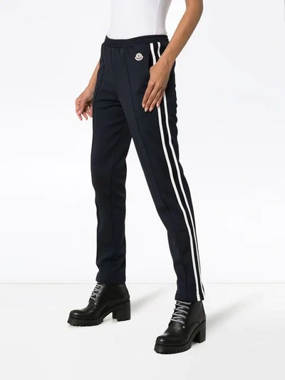 Shop Moncler Logo Detail And Side Stripe Track Pants In Blue