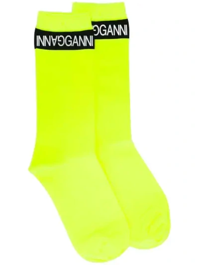 Shop Ganni Logo Print Socks - Yellow
