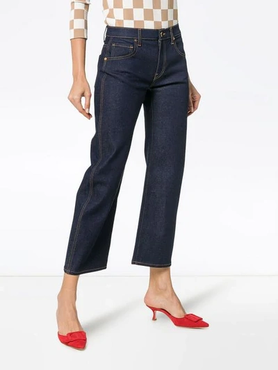 Shop Khaite Wendell Cropped Wide-leg Cotton-blend Jeans In Blue