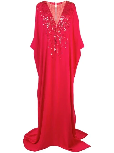Shop Oscar De La Renta Sequin Embellished Kaftan Dress In Red