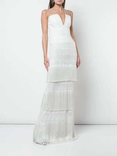 Shop Tadashi Shoji V-plunge Fringed Dress In White