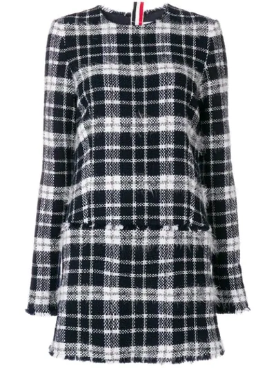 Shop Thom Browne Frayed  Tartan Mini Shift Dress In Lightweight Tweed In Blue