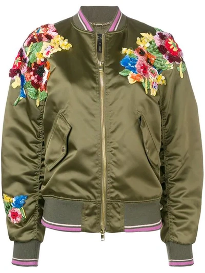 Shop Escada Green Floral Bomber Jacket