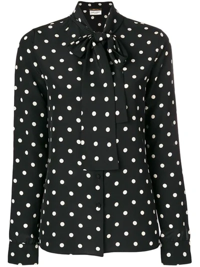 Shop Saint Laurent Polka Dot Pussy Bow Blouse In Black