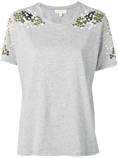 Shop Michael Michael Kors Floral Appliqué T-shirt In 036 Pearl Hthr