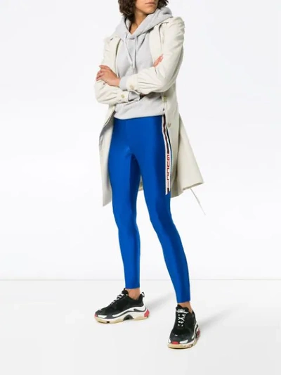 Shop Gucci Logo Side Stripe Leggings In Blue