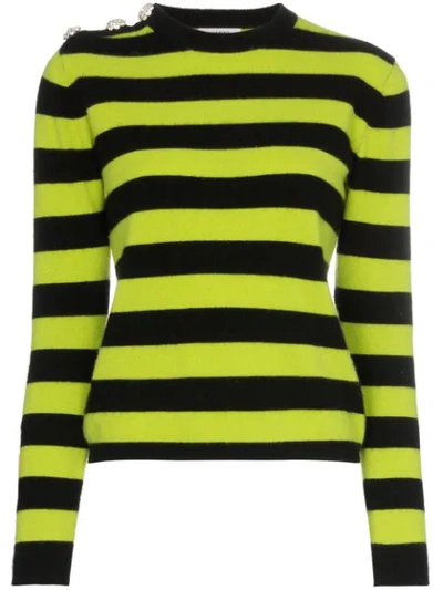 Shop Ganni Crystal Button Striped Sweater In Black