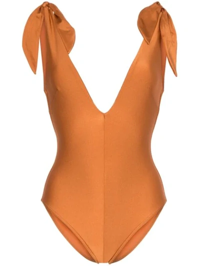 Shop Zimmermann Honour Deep-v Neck Swimsuit In Brown