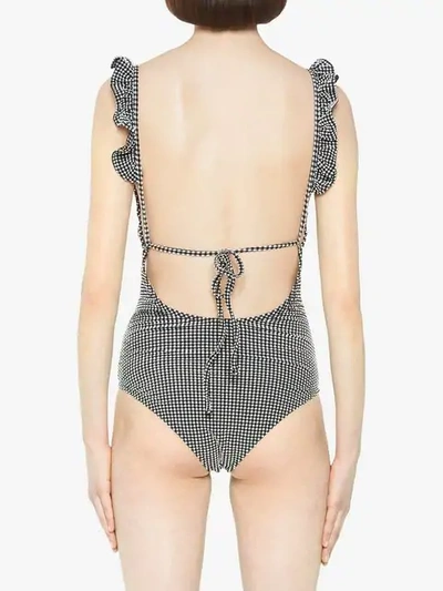 Shop Miu Miu Gingham-check Ruffled Swimsuit In Black