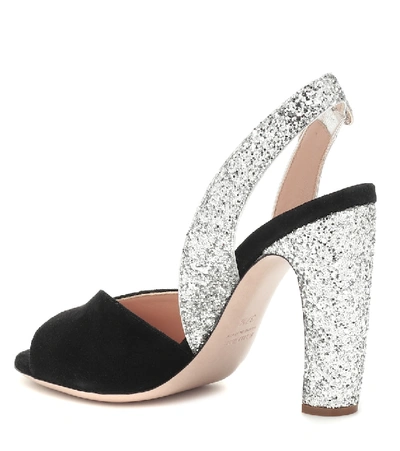 Shop Miu Miu Glitter Suede Slingback Sandals In Black