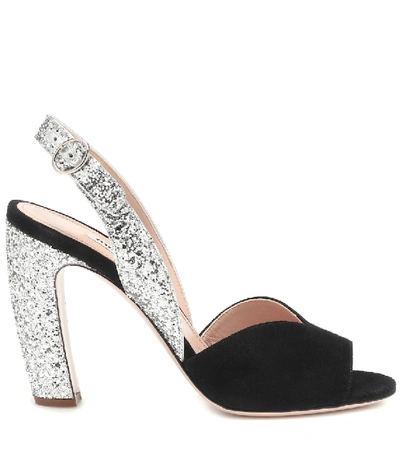 Shop Miu Miu Glitter Suede Slingback Sandals In Black