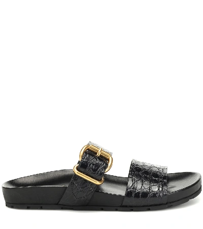 Shop Prada Croc-effect Leather Slides In Black