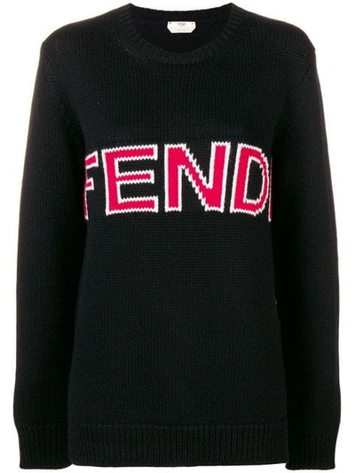 Fendi Intarsia Fleece Wool Sweater In Black | ModeSens