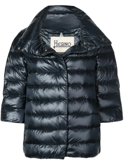 Shop Herno 3/4 Sleeve Puffer Jacket In Blue
