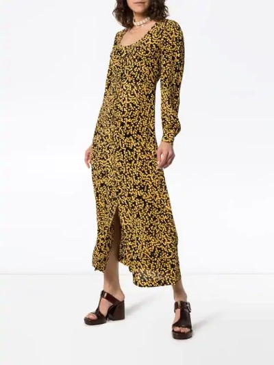 Shop Ganni Goldstone Floral Print Crepe Dress In Black