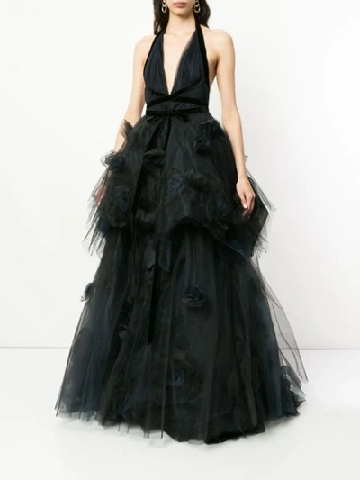 Shop Marchesa Deep V Layered Tulle Evening Gown In Blue