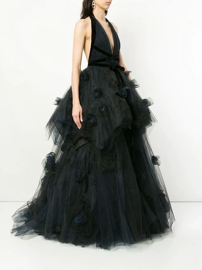 Shop Marchesa Deep V Layered Tulle Evening Gown In Blue