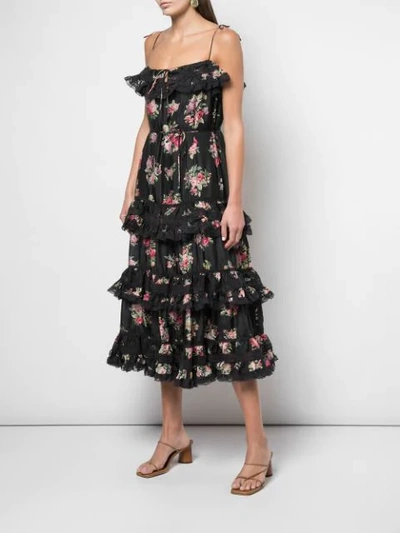 Shop Zimmermann Honour Floral Print Tiered Dress In Black