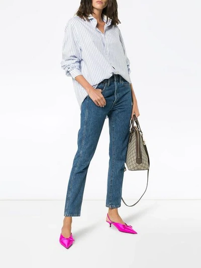 Shop Gucci Embellished Collar Pinstripe Cotton Shirt In Blue