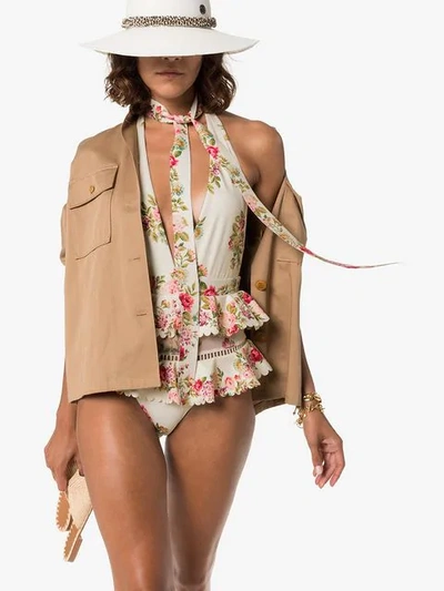 Shop Zimmermann Honour Ruffled Floral Print Swimsuit In Neutrals