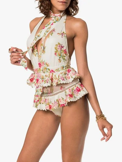 Shop Zimmermann Honour Ruffled Floral Print Swimsuit In Neutrals