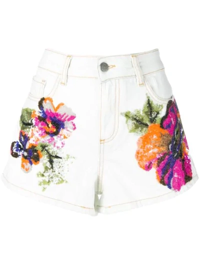 Shop Amen Floral Print Short Denim Shorts In Neutrals