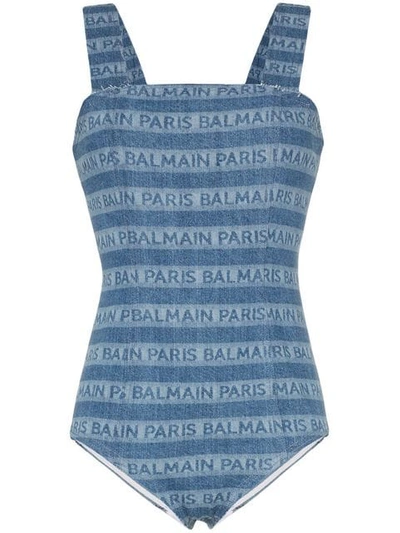 Shop Balmain Logo Stripe Denim Bodysuit In Blue