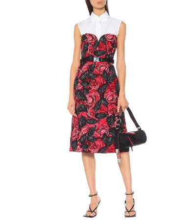 Shop Prada Floral Crêpe-cady Midi Dress In Red