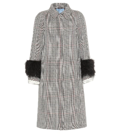 Shop Prada Feather-trimmed Wool-blend Coat In Grey