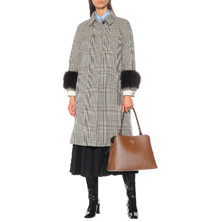 Shop Prada Feather-trimmed Wool-blend Coat In Grey