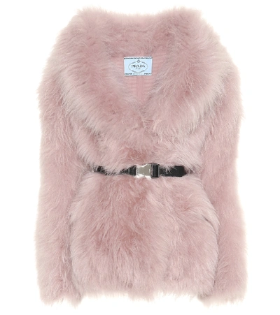 Shop Prada Belted Fur Jacket In Pink