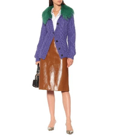 Shop Prada Fur-trimmed Mohair-blend Cardigan In Purple