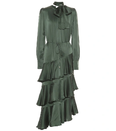 Shop Zimmermann Espionage Flounce Silk Midi Dress In Green
