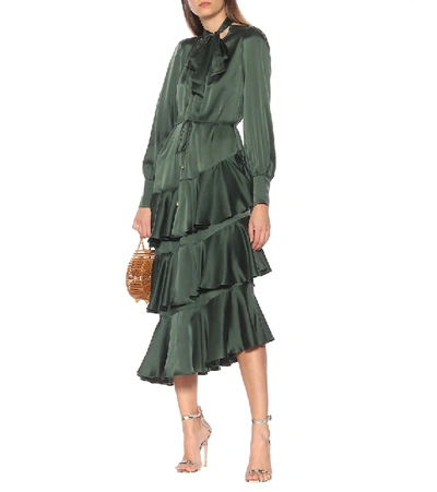 Shop Zimmermann Espionage Flounce Silk Midi Dress In Green