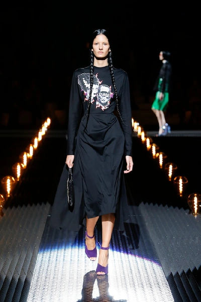 Shop Prada Printed Cotton-jersey Midi Dress In Black