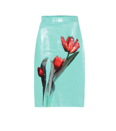 Shop Prada Floral Glossed-leather Skirt In Blue