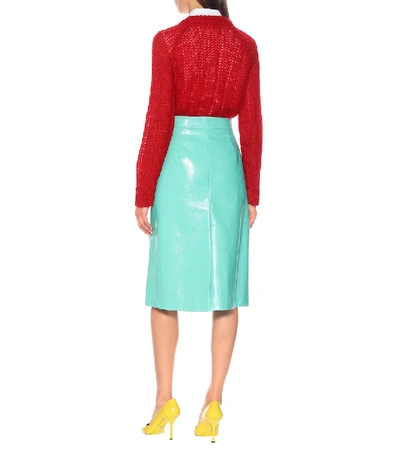 Shop Prada Floral Glossed-leather Skirt In Blue