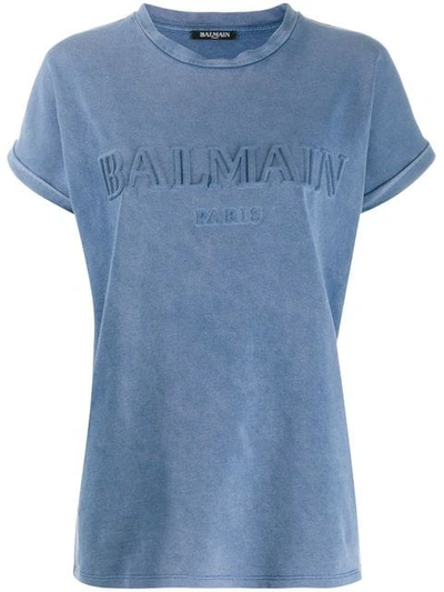 Shop Balmain Logo Jersey T-shirt In Blue