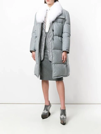 Shop Thom Browne Flannel Down Filled Chesterfield Dress With Fox Fur Trim In Grey