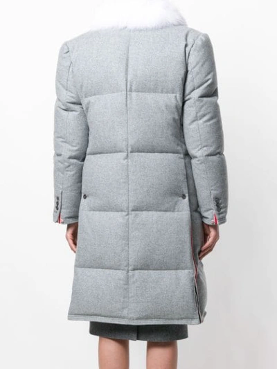 Shop Thom Browne Flannel Down Filled Chesterfield Dress With Fox Fur Trim In Grey