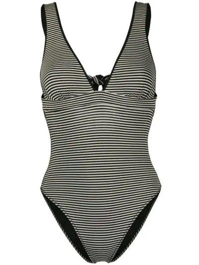 Shop Marysia Striped V-neck Swimsuit In Black