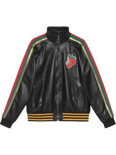 Shop Gucci Leather Bomber Jacket With  Strawberry In Black