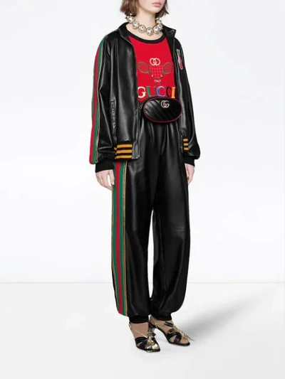 Shop Gucci Leather Bomber Jacket With  Strawberry In Black