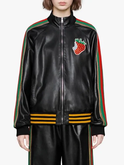 Shop Gucci Leather Bomber Jacket With  Strawberry In Black