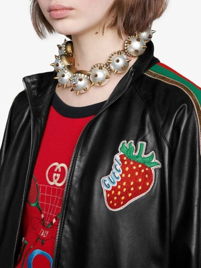 Shop Gucci Leather Bomber Jacket With  Strawberry In Black