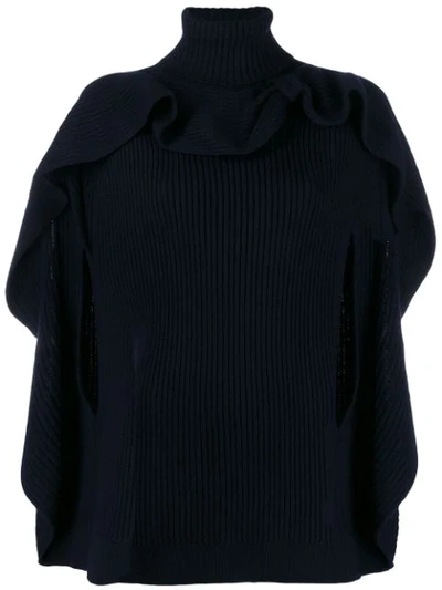 Shop Red Valentino Ruffled Cape Ribbed Top In Blue