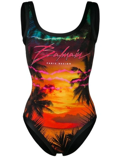 Shop Balmain Tropical Logo Print Swimsuit In Black